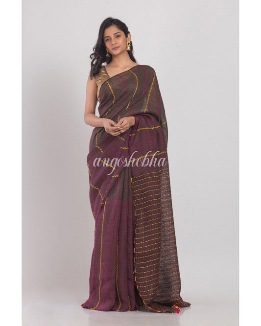 Women's Dark Brown Handwoven Linen Saree