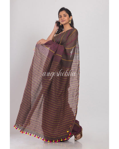 Women's Dark Brown Handwoven Linen Saree