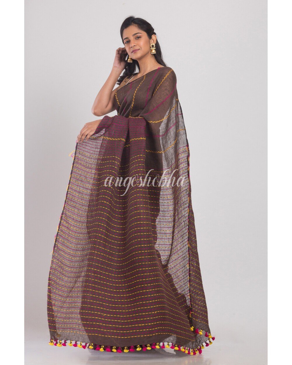 Women's Dark Brown Handwoven Linen Saree