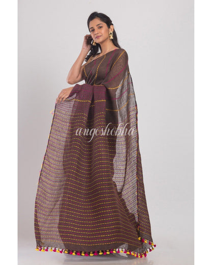 Women's Dark Brown Handwoven Linen Saree