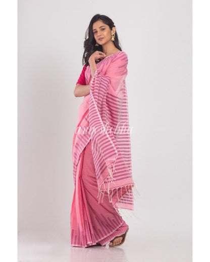 Women's Pink Temple Border Cotton Saree