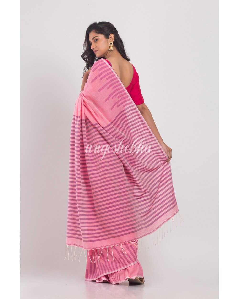 Women's Pink Temple Border Cotton Saree