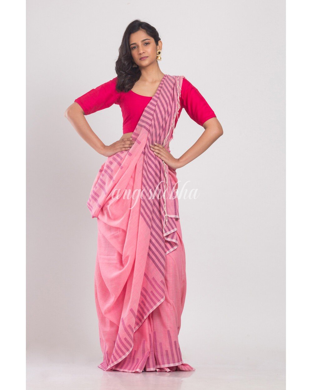 Women's Pink Temple Border Cotton Saree