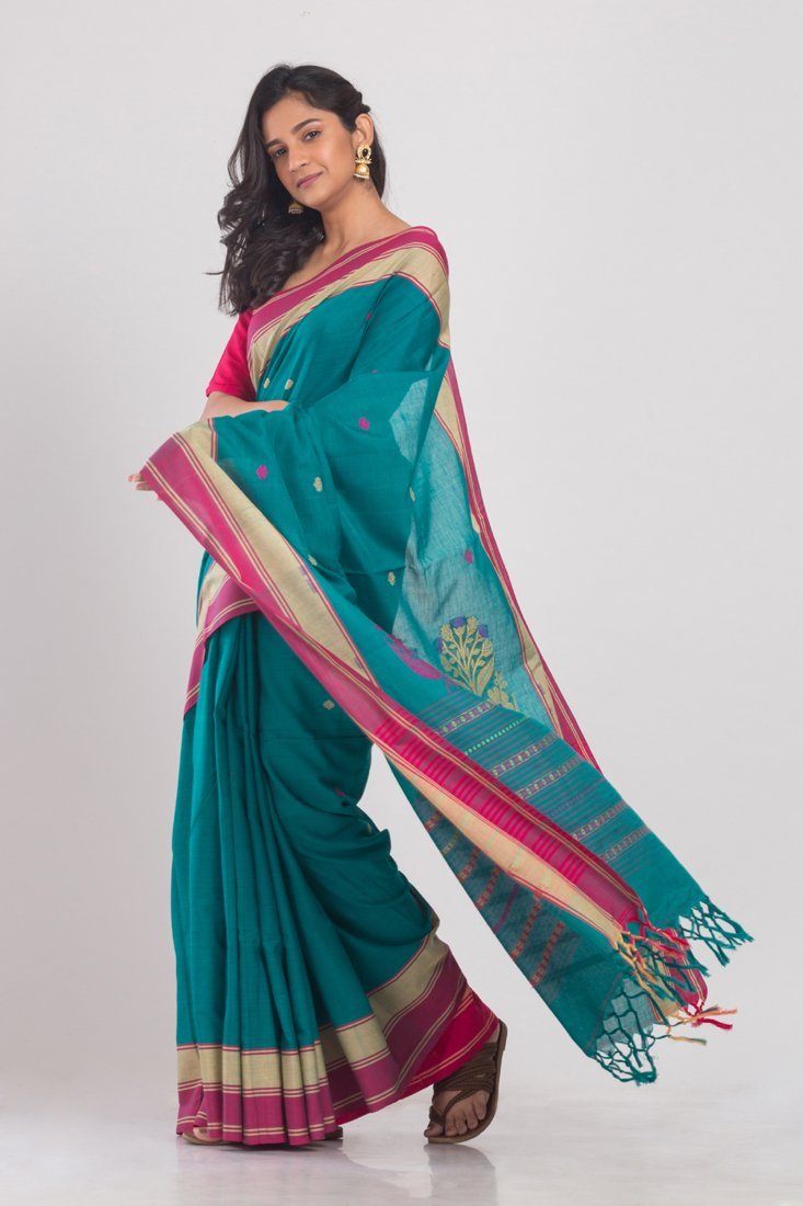 Women's Teal Handloom Cotton Saree