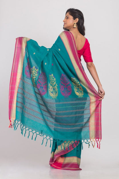 Women's Teal Handloom Cotton Saree