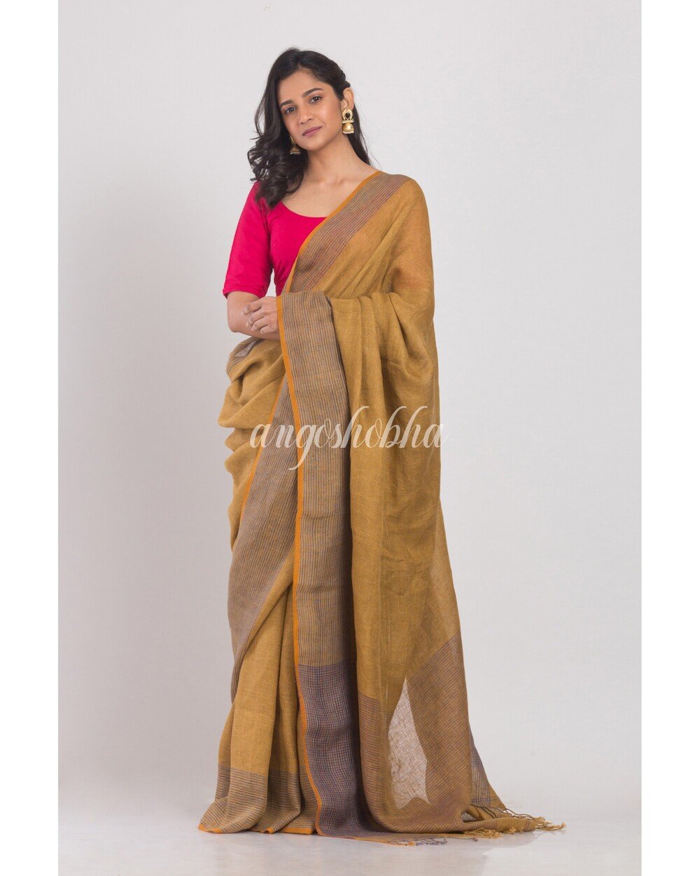 Women's Mustard Brown Handwoven Linen Saree