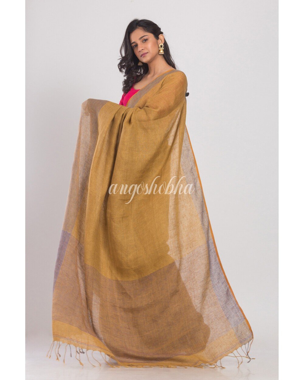 Women's Mustard Brown Handwoven Linen Saree