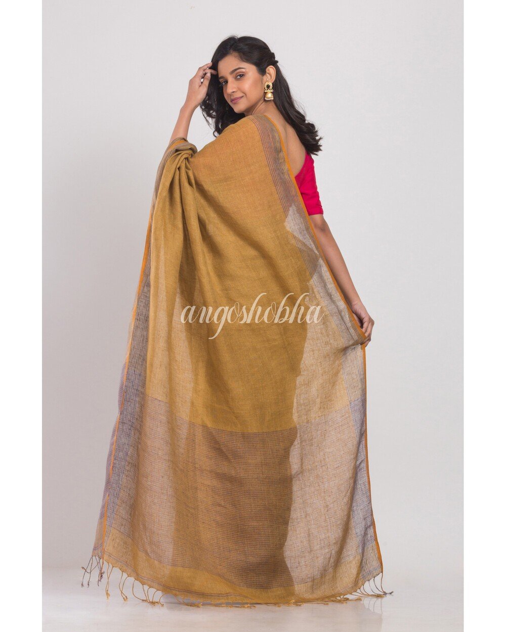 Women's Mustard Brown Handwoven Linen Saree