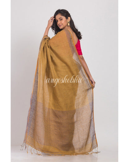 Women's Mustard Brown Handwoven Linen Saree