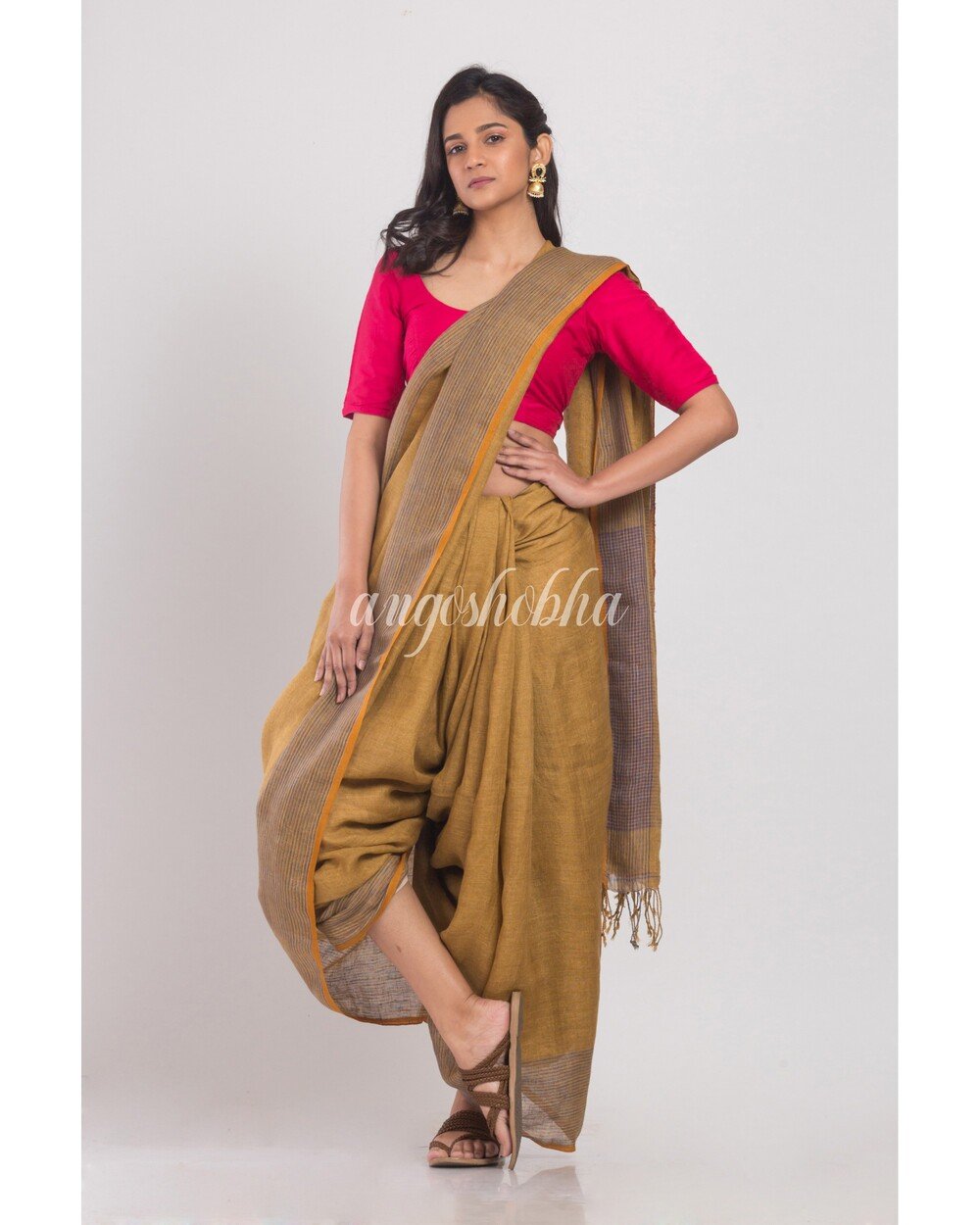 Women's Mustard Brown Handwoven Linen Saree