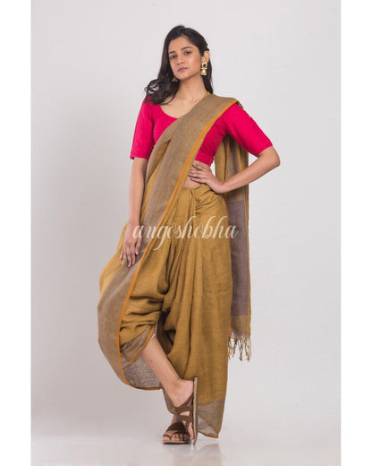 Women's Mustard Brown Handwoven Linen Saree