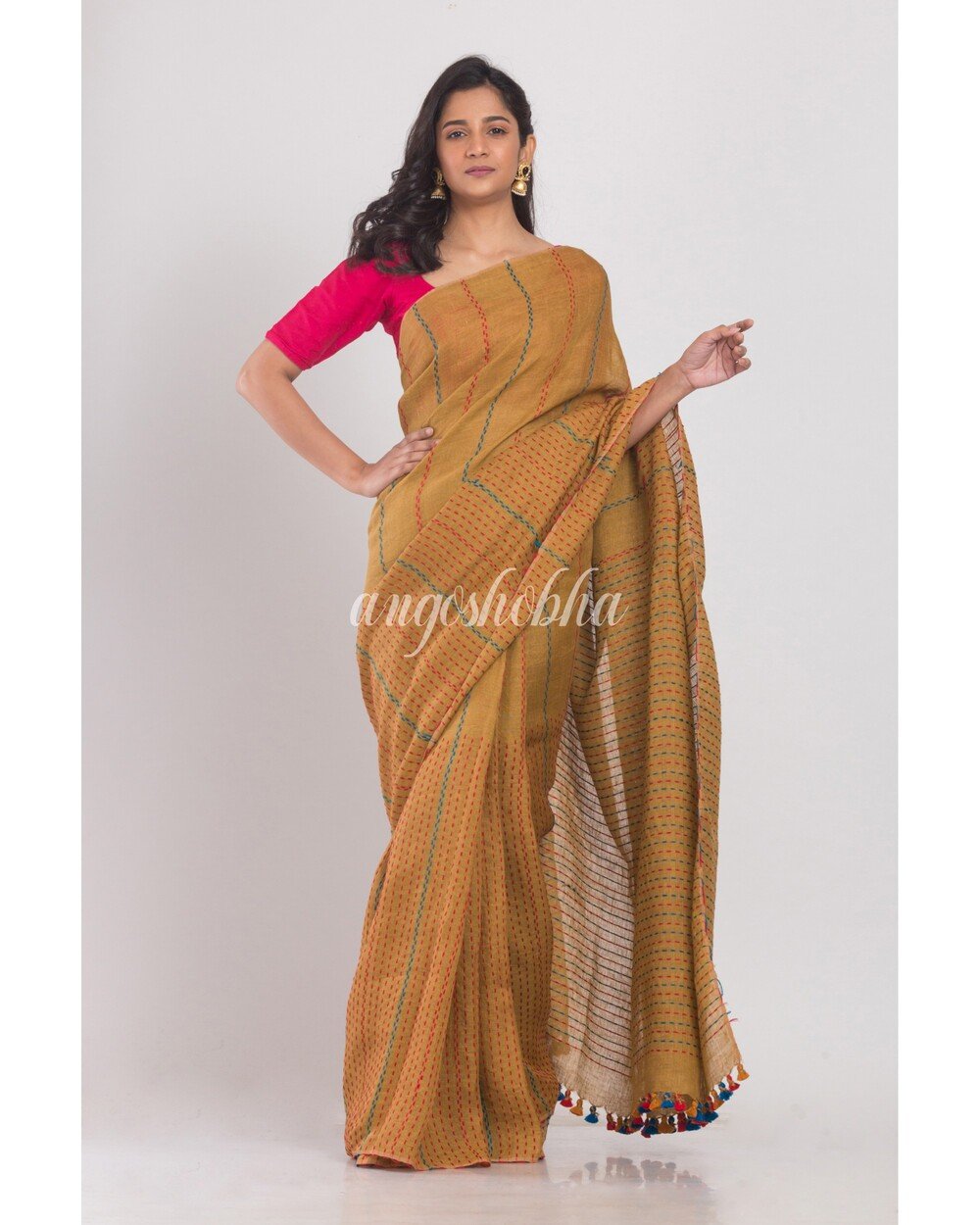 Women's Mustard brown handwoven linen saree