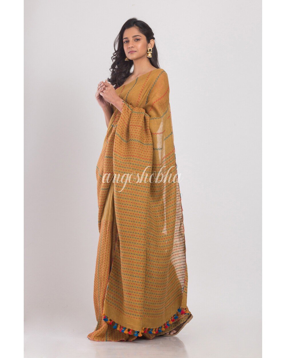 Women's Mustard brown handwoven linen saree