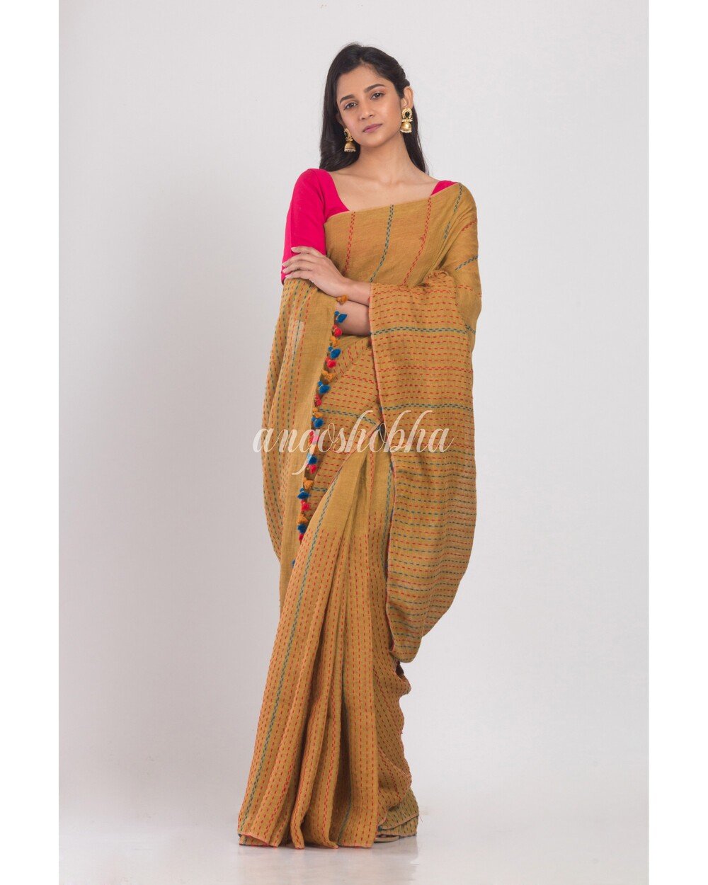 Women's Mustard brown handwoven linen saree