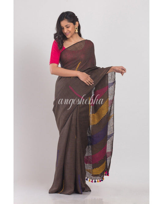 Women's Dark Brown Handwoven Linen Saree