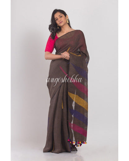 Women's Dark Brown Handwoven Linen Saree