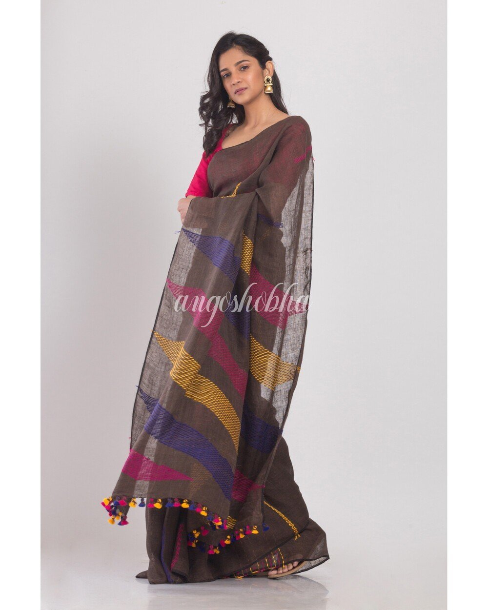 Women's Dark Brown Handwoven Linen Saree