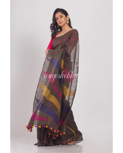 Women's Dark Brown Handwoven Linen Saree