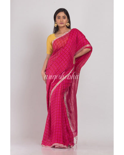 Women's Pink Handwoven Linen Saree