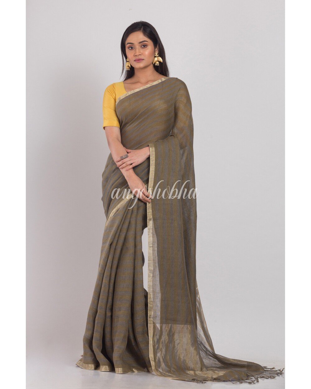 Women's Brown grey Handwoven Linen Saree