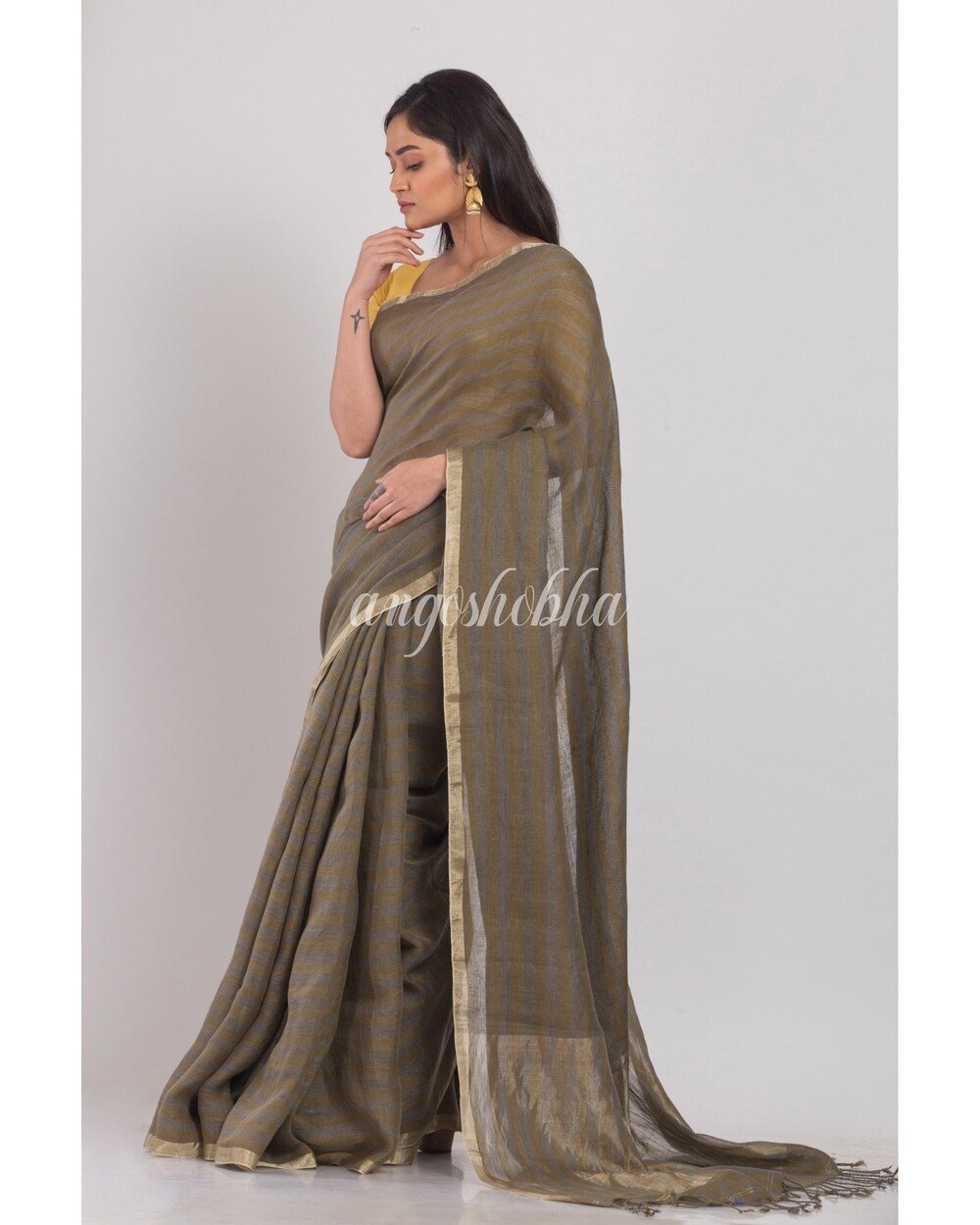 Women's Brown grey Handwoven Linen Saree