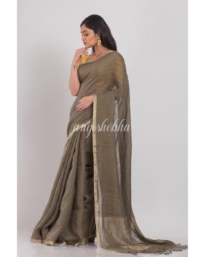 Women's Brown grey Handwoven Linen Saree