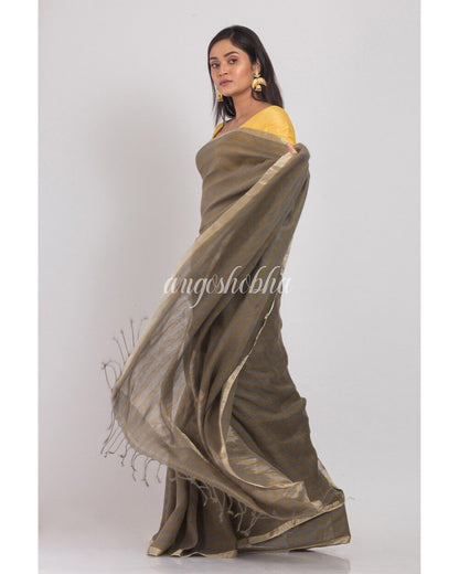 Women's Brown grey Handwoven Linen Saree