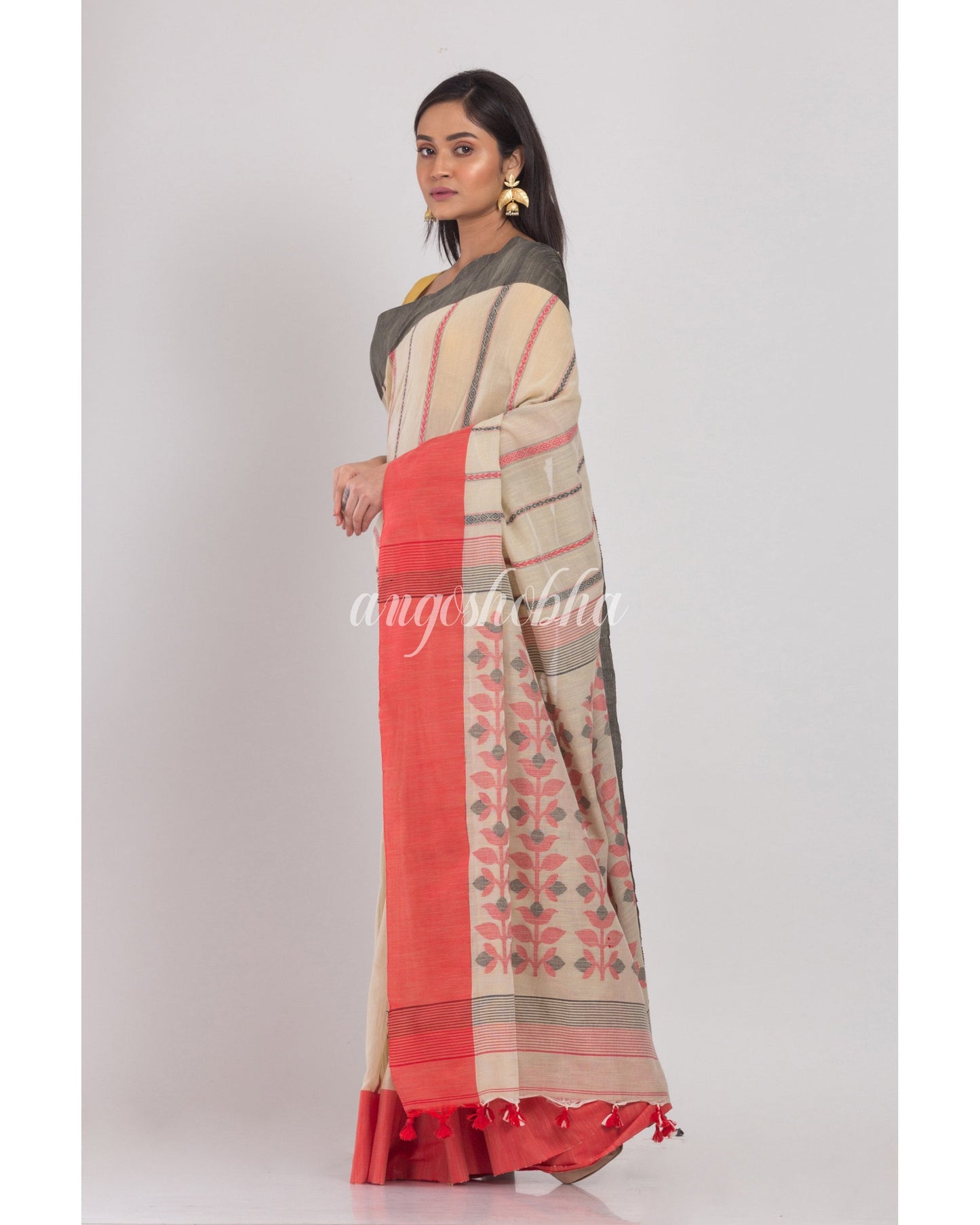 Women's Ash Grey Handloom Cotton Saree