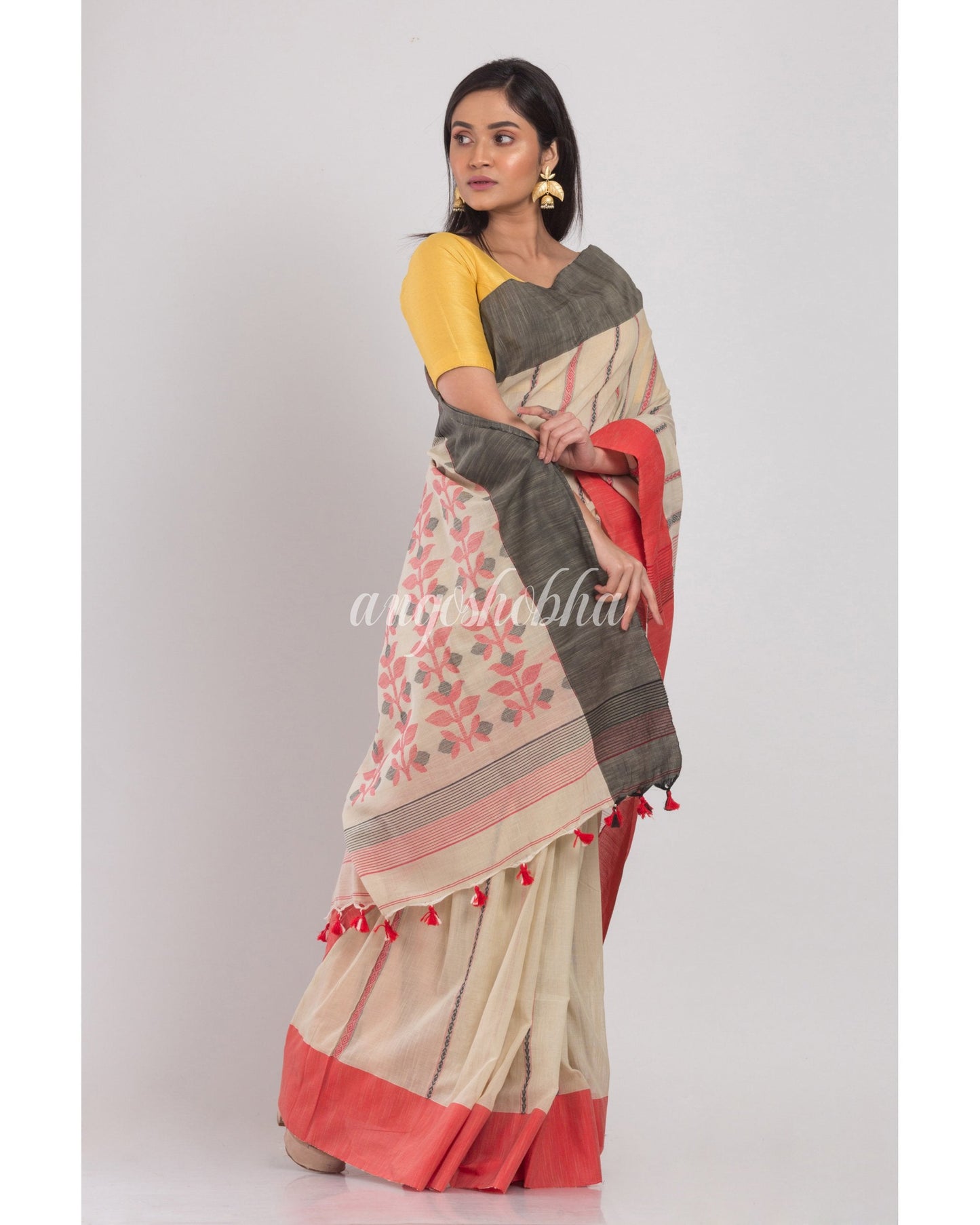 Women's Ash Grey Handloom Cotton Saree