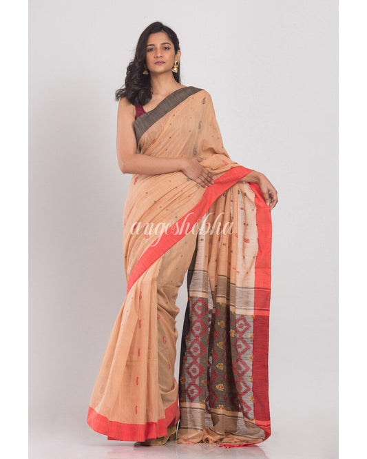 Women's Orange Peach Handwoven Cotton Saree