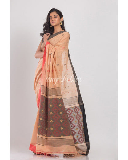 Women's Orange Peach Handwoven Cotton Saree