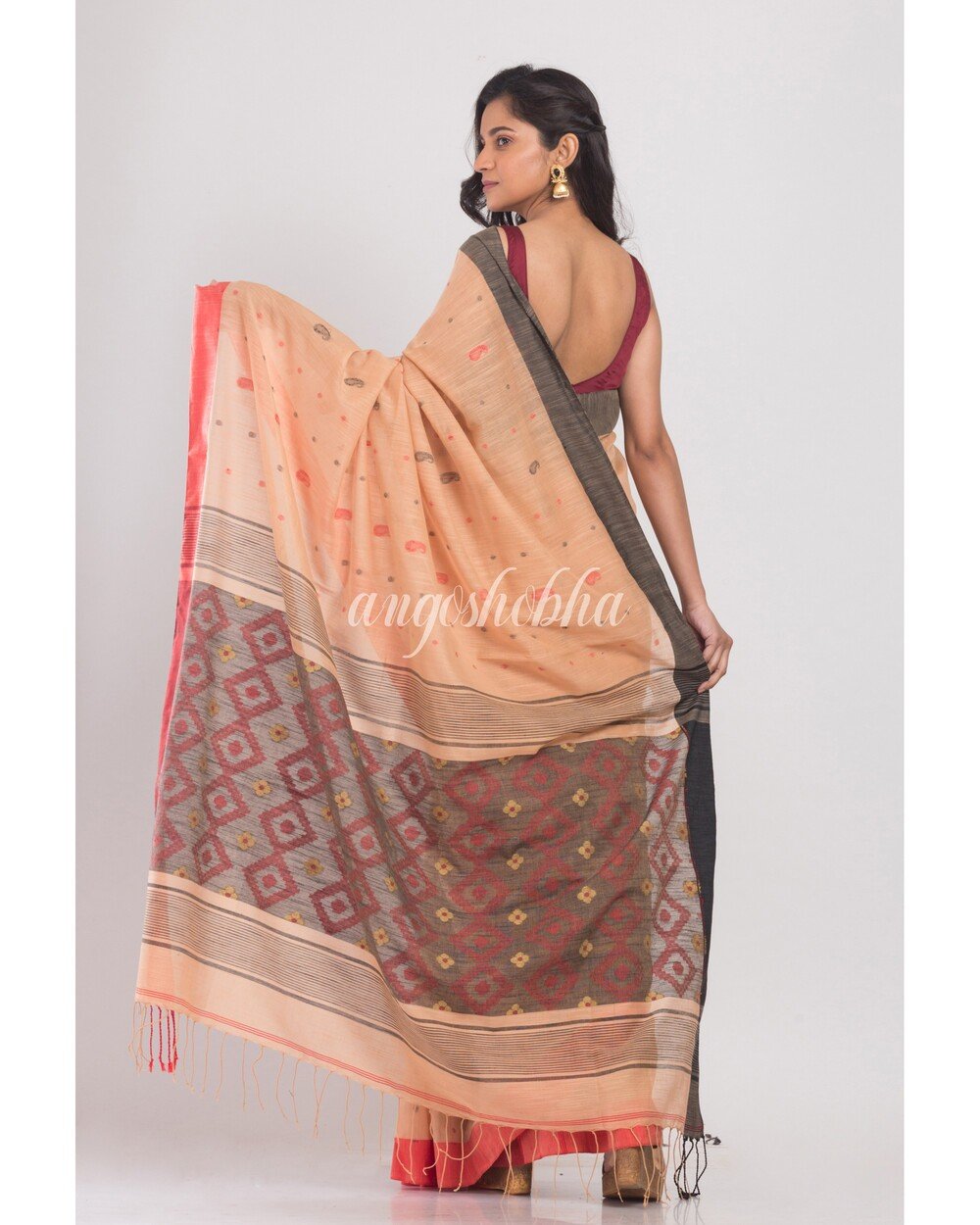 Women's Orange Peach Handwoven Cotton Saree