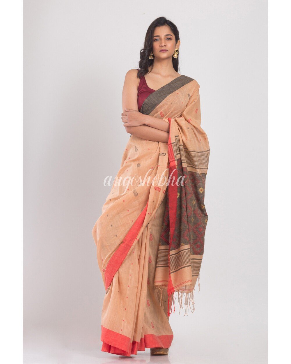 Women's Orange Peach Handwoven Cotton Saree