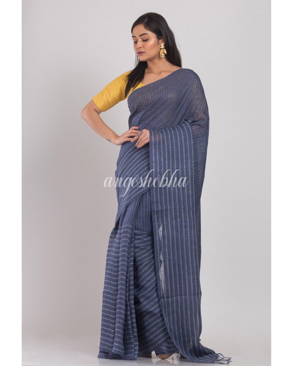 Women's Blue Grey handwoven Linen Saree
