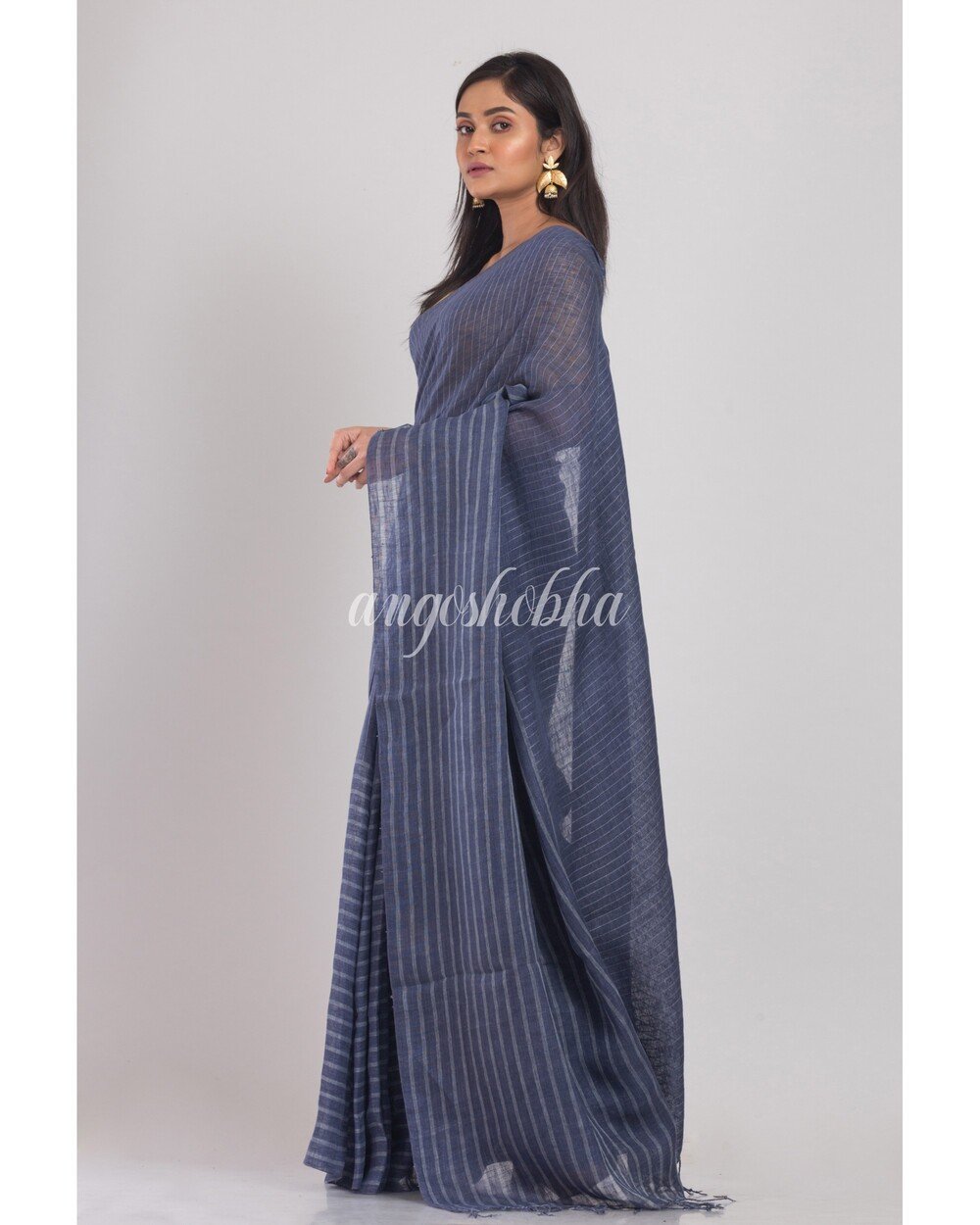 Women's Blue Grey handwoven Linen Saree