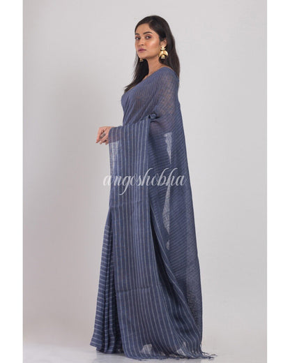 Women's Blue Grey handwoven Linen Saree