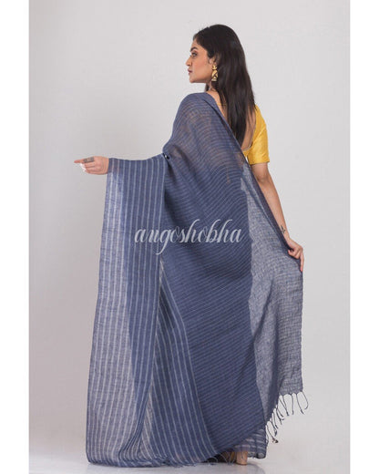 Women's Blue Grey handwoven Linen Saree