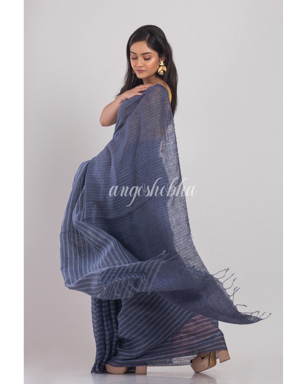 Women's Blue Grey handwoven Linen Saree