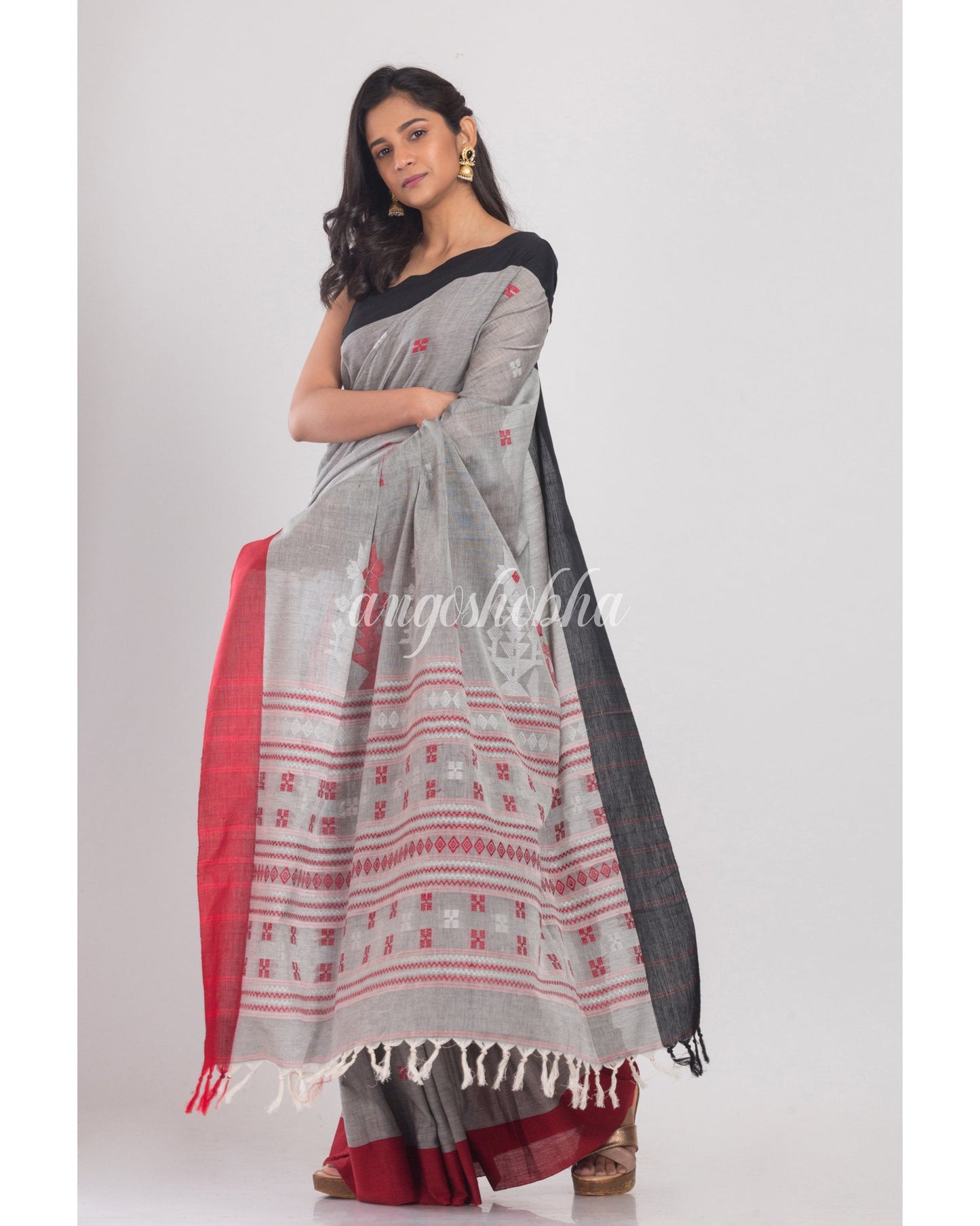 Women's Grey Handloom Cotton Saree