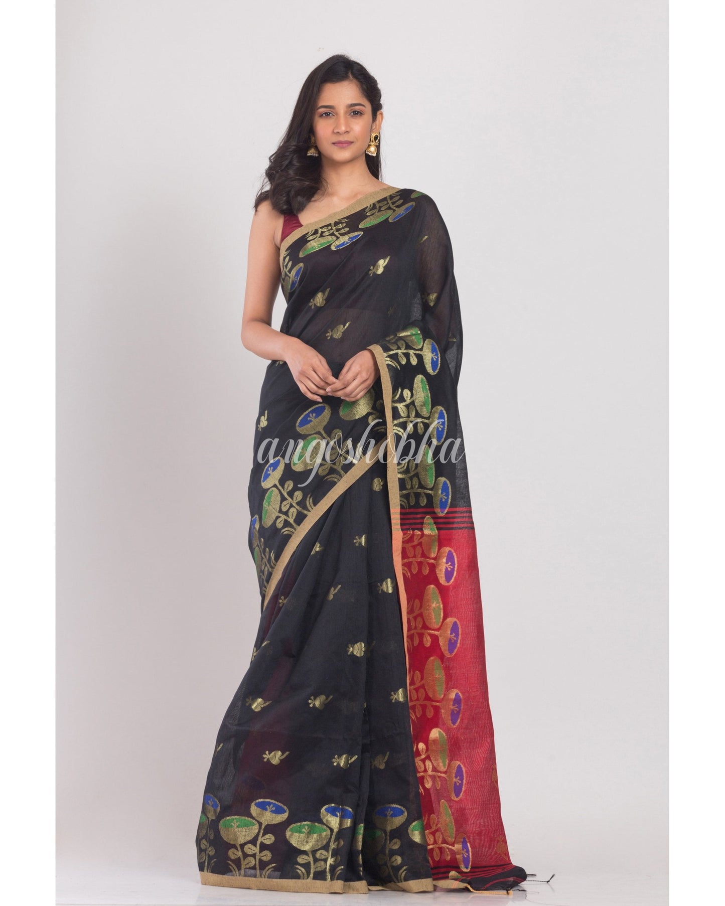 Women's Black Handloom Cotton Silk Saree