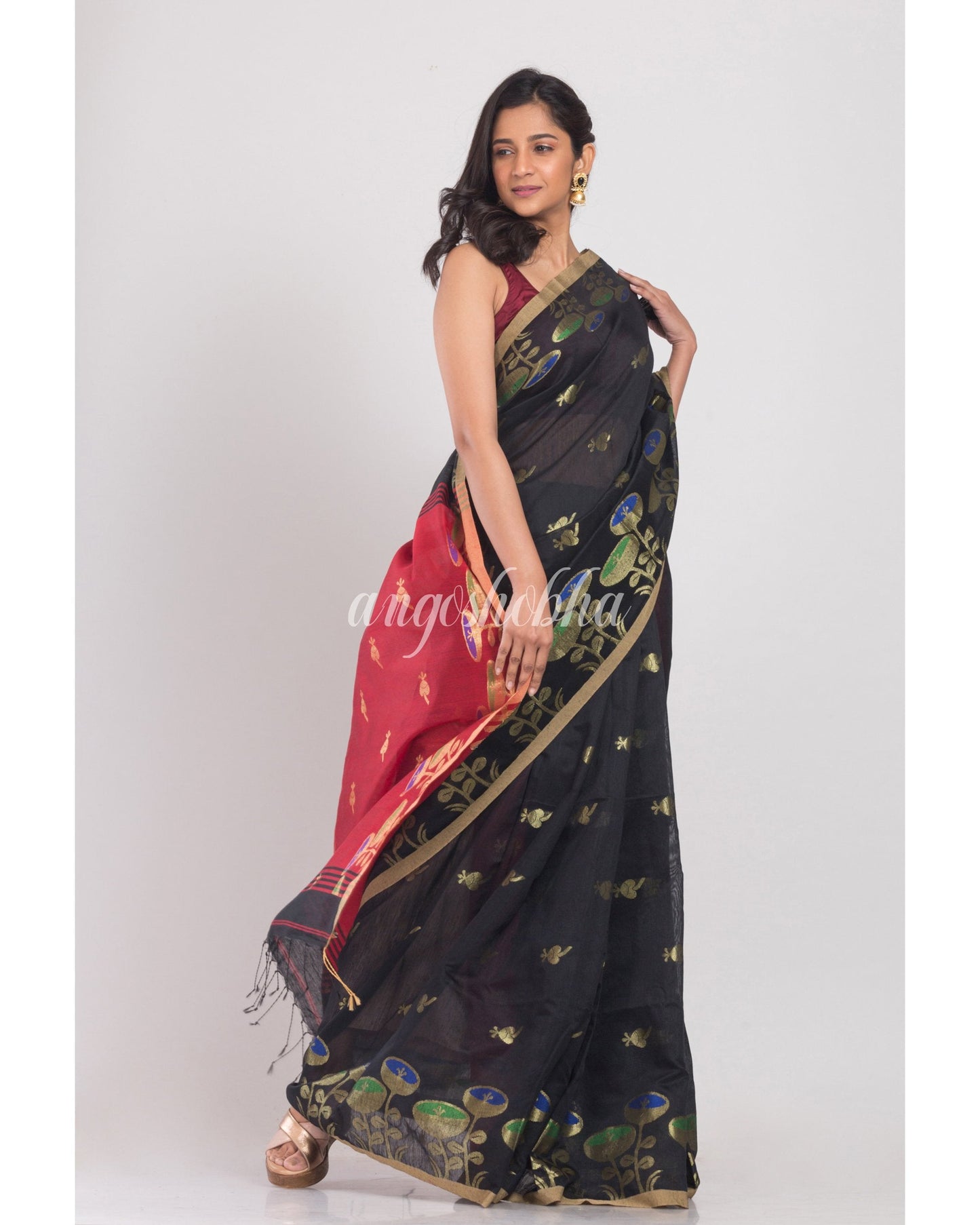 Women's Black Handloom Cotton Silk Saree