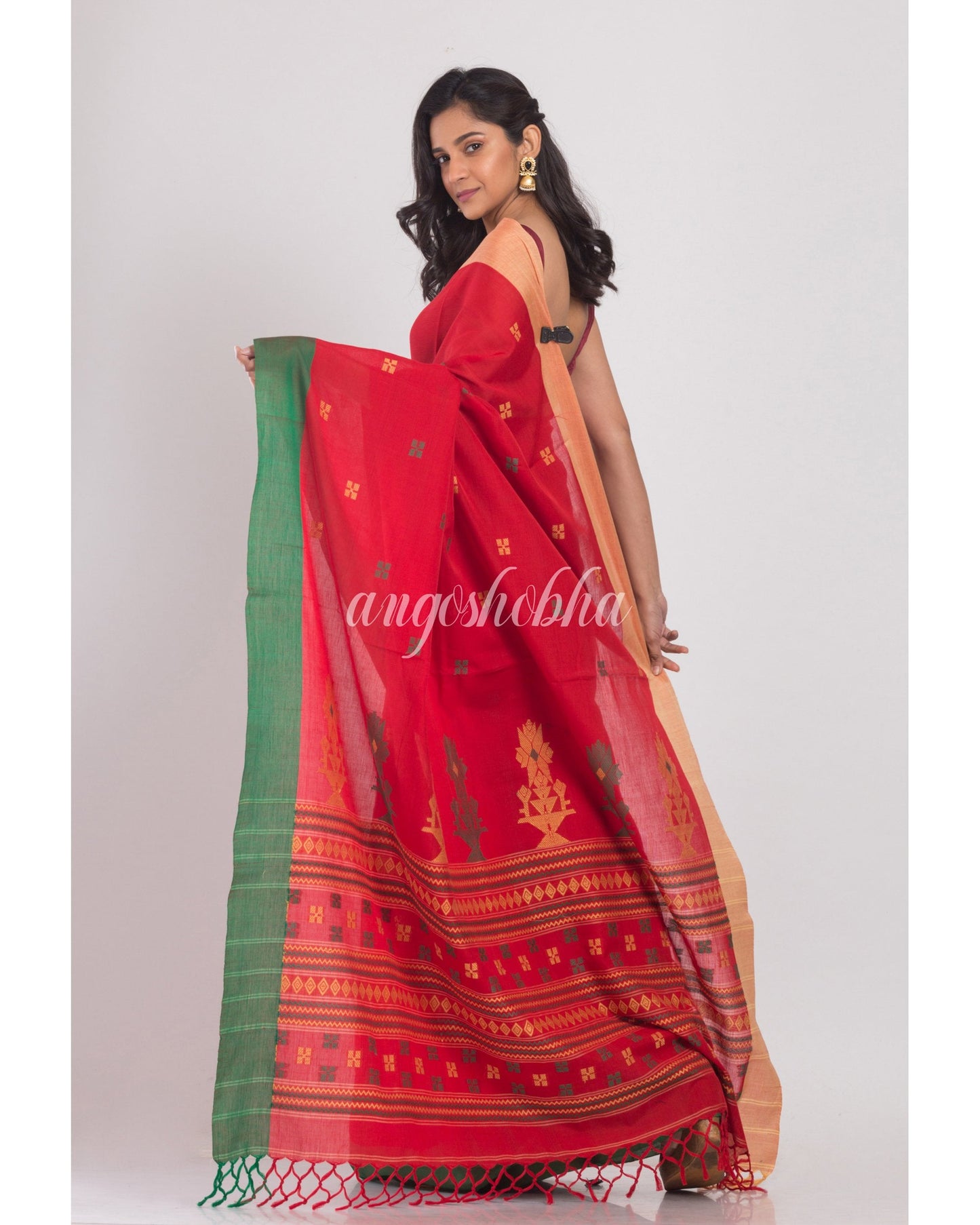Women's Red Handloom Cotton Saree