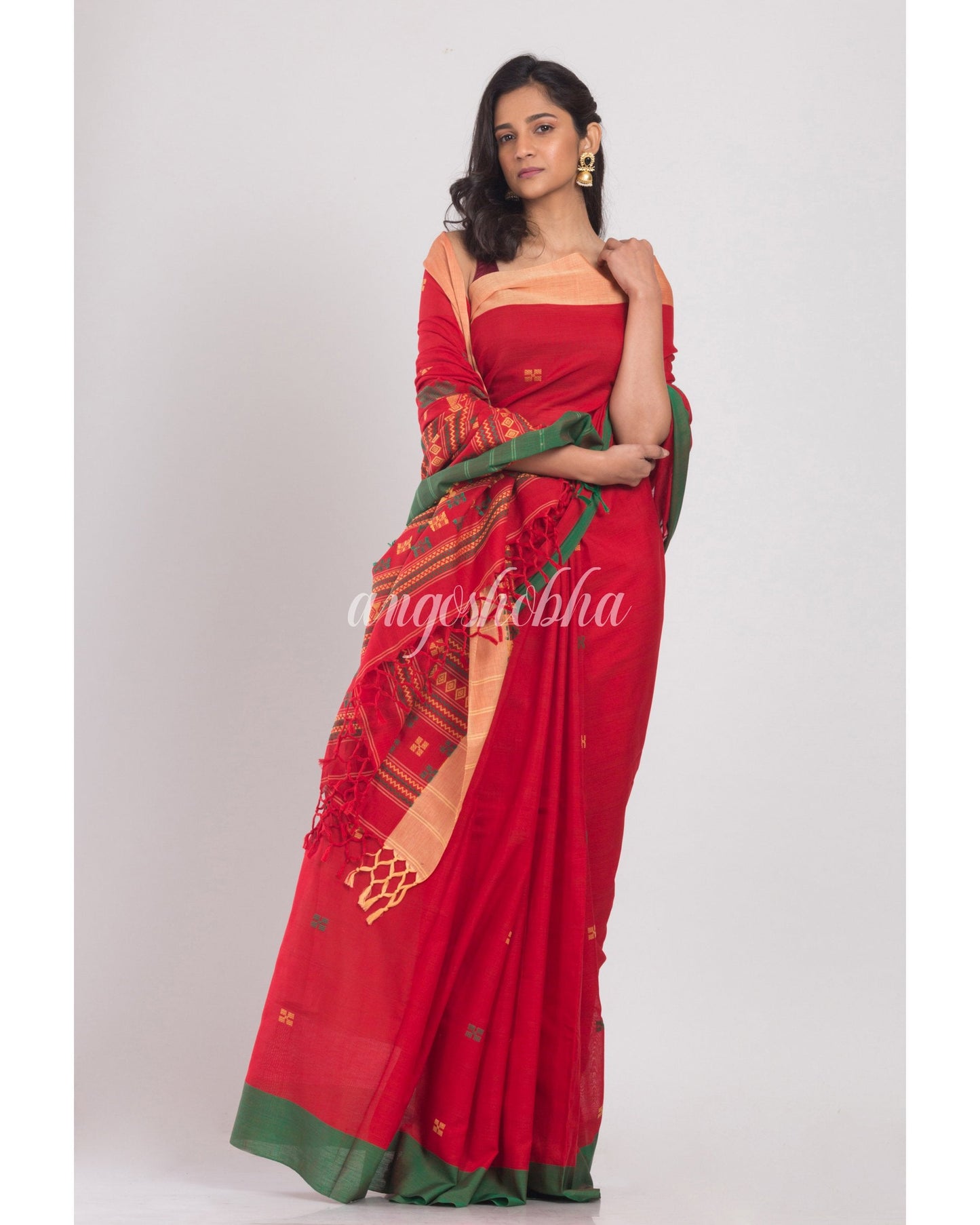 Women's Red Handloom Cotton Saree
