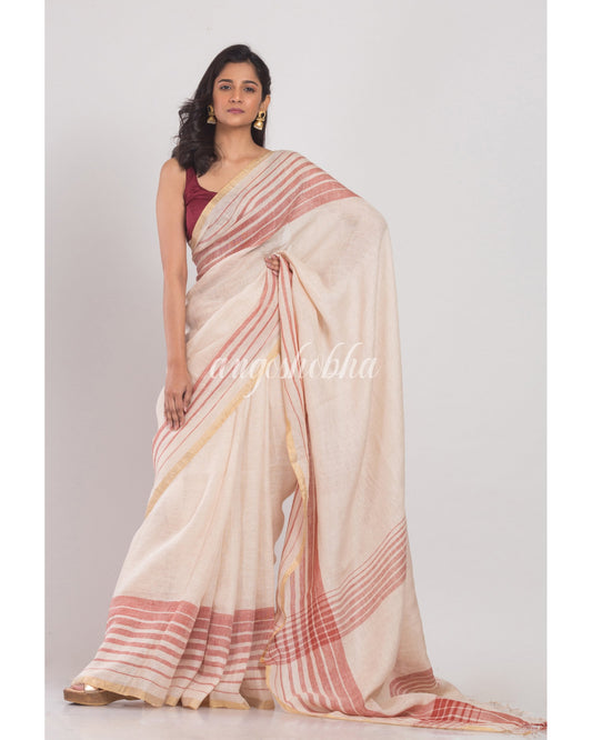 Women's Off White Handloom Linen Saree