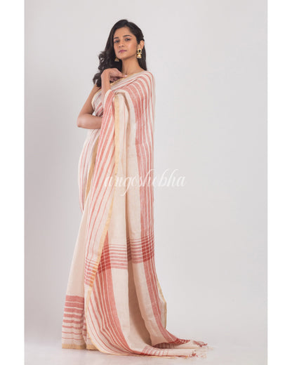 Women's Off White Handloom Linen Saree