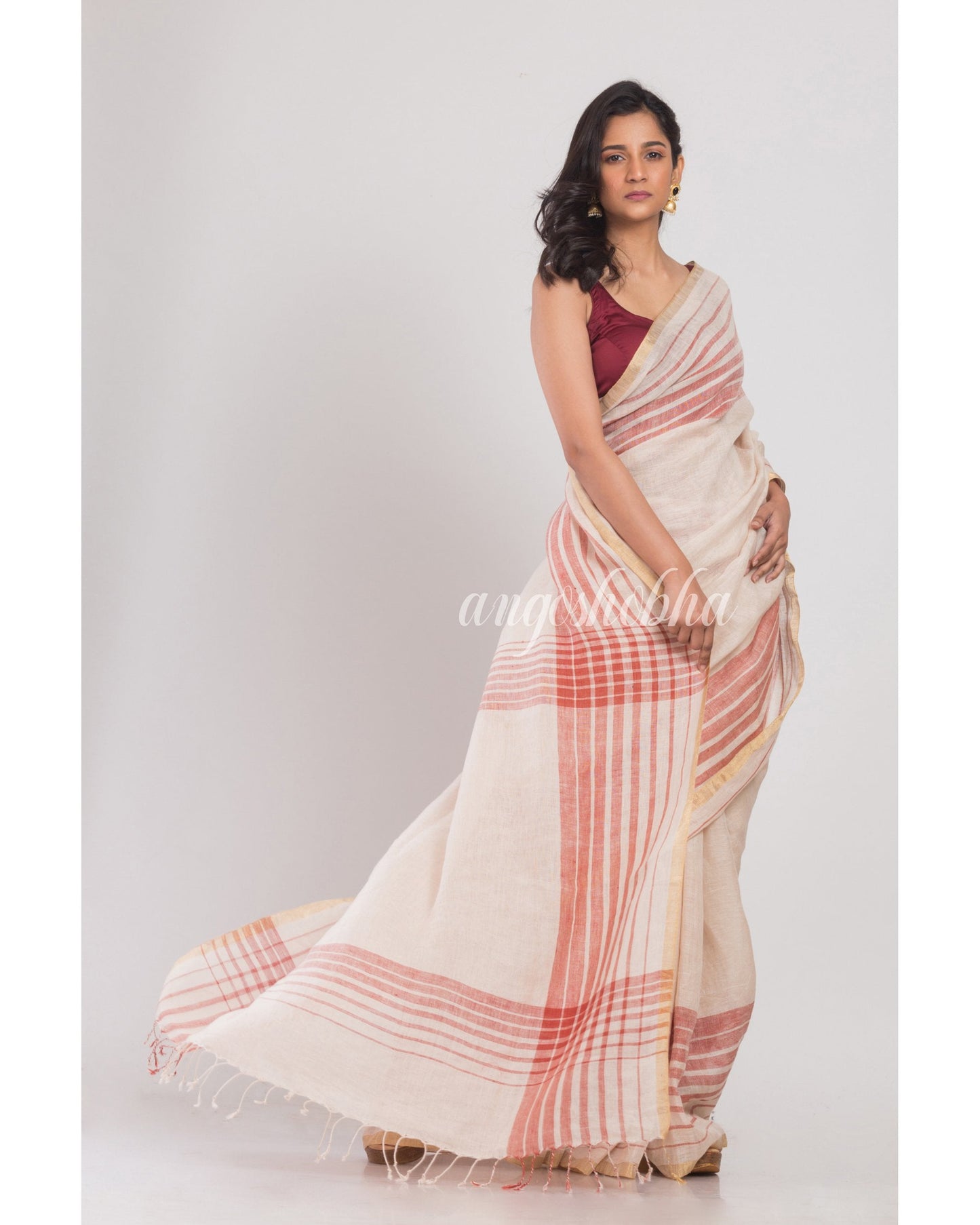 Women's Off White Handloom Linen Saree