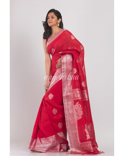 Women's Red Cotton Linen Jamdani Saree