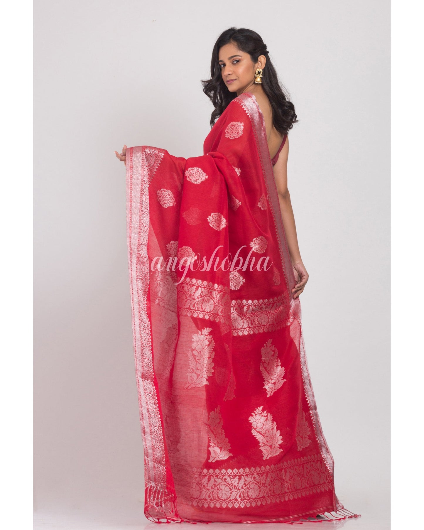 Women's Red Cotton Linen Jamdani Saree