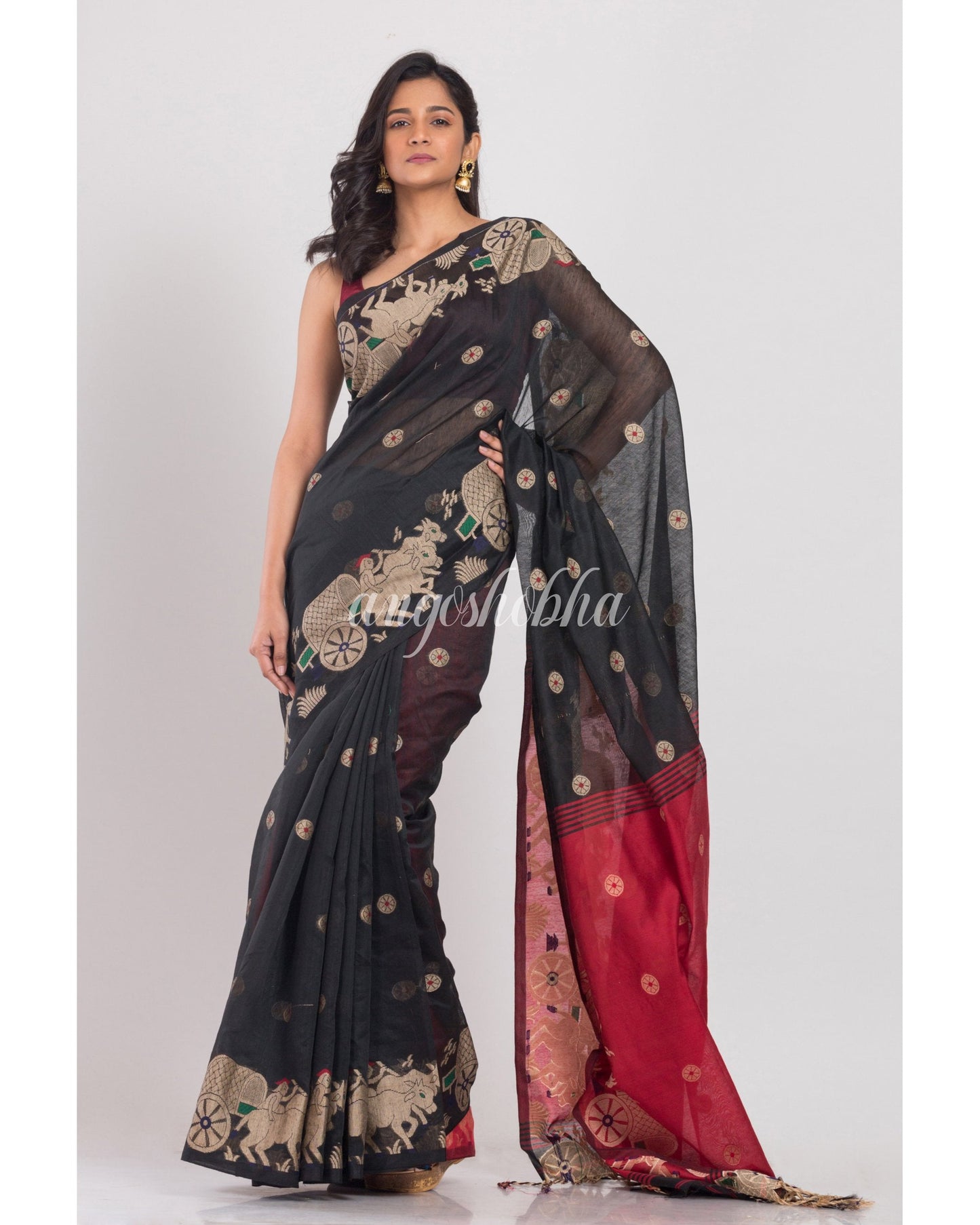 Women's Black Handloom Blended Cotton Saree