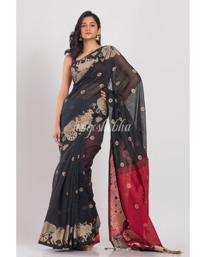 Women's Black Handloom Blended Cotton Saree